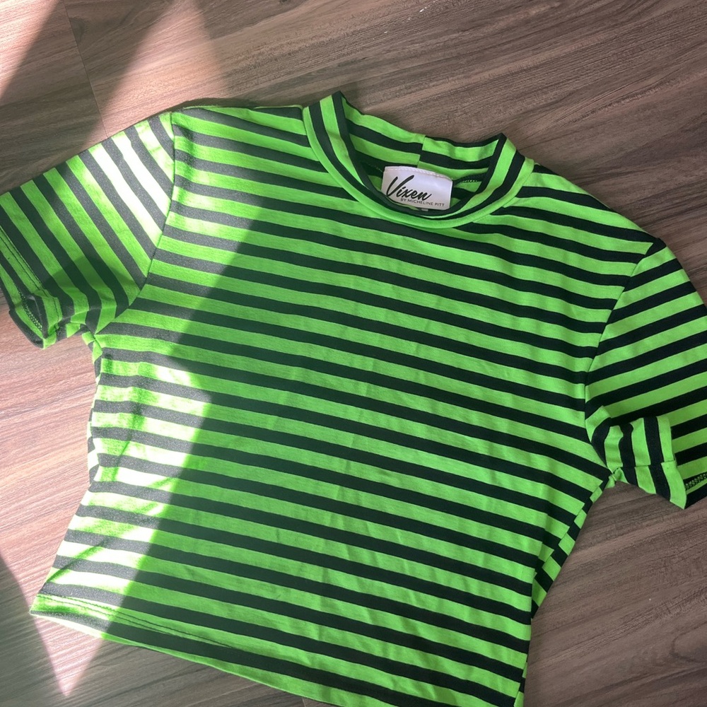 Vixen by Micheline Pitt Neon Green and Black Striped Tee